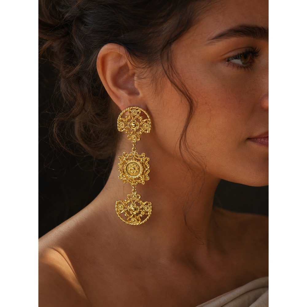 Vintage Byzantine Filigree Gold Dangle Earrings Ornate Statement Jewelry Drop